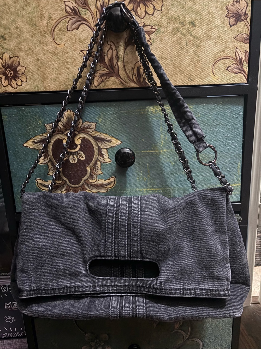 Boutique Stylish Fold-Over Black Denim Shoulder Bag Brand New